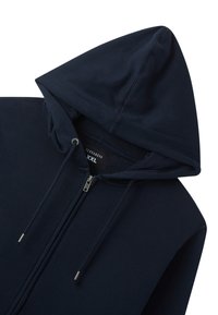 Granatowy sweatshirt z zamkiem błyskawicznym, wykonany z miękkiej tkaniny, z podszewką w kapturze, sznureczkami i metalowym zamkiem. Metka mówi "Terranova XXL."