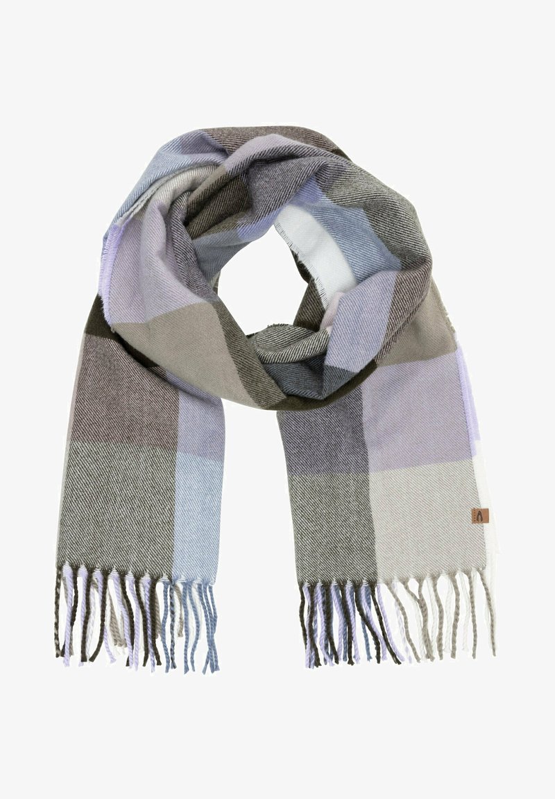 Écharpe douce tissée avec un grand motif à carreaux dans des tons de gris, bleu et beige, avec des extrémités frangées torsadées et une petite étiquette en tissu.