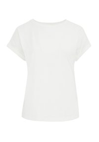 Camiseta blanca de manga corta con cuello redondo, hecha de una tela suave. Presenta puños enrollados y un corte relajado.