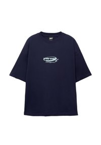 Navy blue oversized t-shirt made of cotton. Features a printed design with the text "STWD 'STUD!" in light blue and decorative accents.