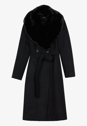 Svart frakk med fellkrage, dobbeltradet design, lange ermer, belte i midjen og teksturert stoff.