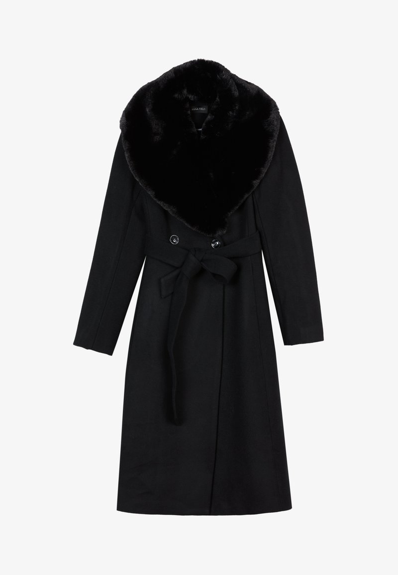 Palette neagră cu un guler din blană artificială, design cu butonieră dublă, mâneci lungi, curea la talie și țesătură texturată.