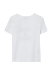 T-shirt bianca a maniche corte con scollatura rotonda, realizzata in tessuto morbido, caratterizzata da un design semplice e priva di loghi o motivi visibili.