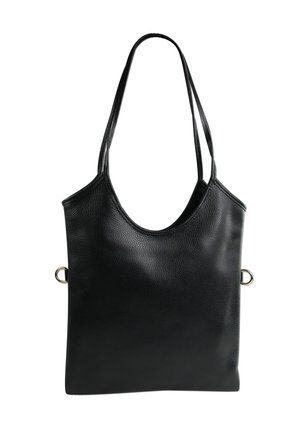 Sac fourre-tout en cuir noir avec une texture lisse, sans fermeture en haut, et deux poignées pour l'épaule. Présente des accents en métal doré sur les côtés.