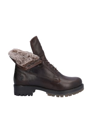 Bota de invierno marrón oscuro de cuero con cordones, suela gruesa de goma y puño doblado que revela un forro suave de piel beige.