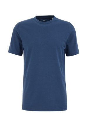 Maglietta a maniche corte blu navy realizzata in cotone morbido, con scollatura rotonda e design semplice senza motivi o accenti visibili.