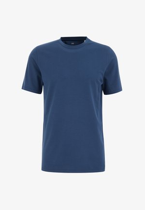 Sötétkék, rövid ujjú póló, puha pamutból készült, kerek nyakkivágással és sima, minta nélküli dizájnnal.