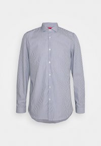 Gestreept shirt met lange mouwen in blauw en wit. Design met knopen, klassieke kraag en een rood accent bij de hals. Zacht katoenen textuur.