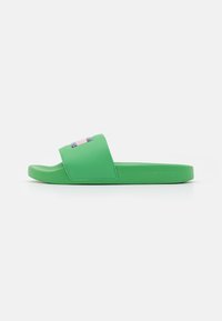 Chancleta verde de goma lisa con una amplia tira que presenta un pequeño acento decorativo. Diseño de color sólido y minimalista.