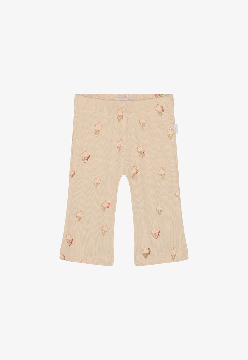 Leggings beiges côtelés avec un motif intégral de cornets de glace aux couleurs pastel. Taille élastique et coupe courte.