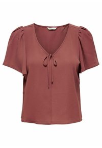 Haut à manches courtes de couleur rouille, avec un col en V, un nœud sur le devant et un tissu texturé. Comprend des manches bouffantes et une coupe décontractée.