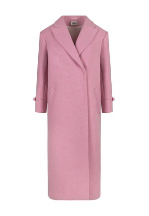 Roze wollen blend jas met een op maat gemaakte ontwerp, reverskraag, dubbelzijdige sluiting, zijzakken en knoopmanchetten.
