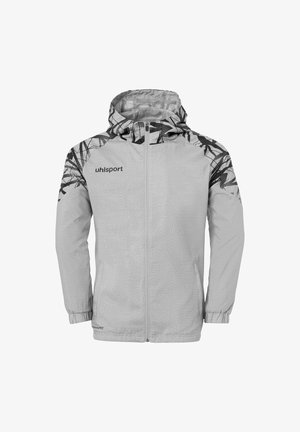 Light gray jacket featuring a zip front and a textured surface. Black abstract pattern accents shoulders and sleeves. Adjustable hood.