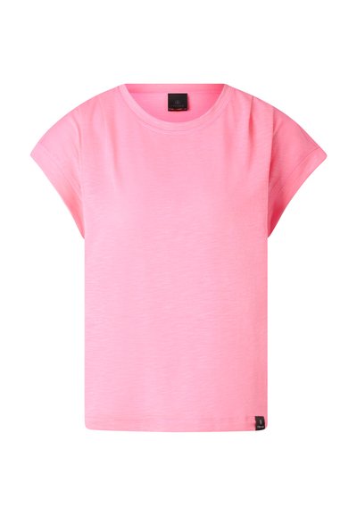 Helles pinkfarbenes T-Shirt mit kurzen Ärmeln, rundem Ausschnitt und kleinem schwarzem Markenzeichen am unteren Saum.