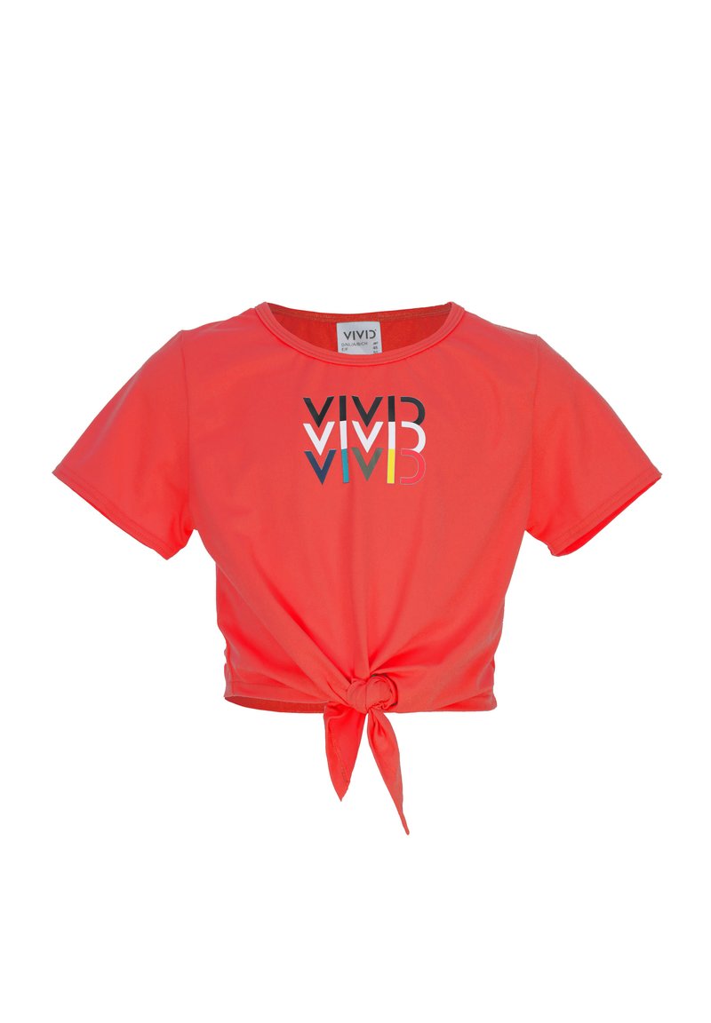 Koralen kratek majica iz gladkega materiala, z vozlom na robu in barvnim logotipom "VIMD" spredaj. Kratki rokavi.