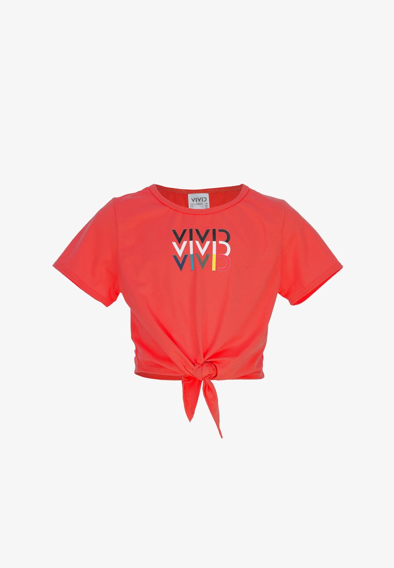 T-shirt corta color corallo realizzata in tessuto morbido, con un nodo all'orlo e un logo "VIMD" multicolore sul davanti. Maniche corte.