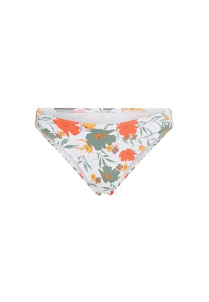Florale bikini onderbroek met een witte achtergrond, voorzien van oranje en groene bloemen, en een textuurstof met een gladde afwerking.