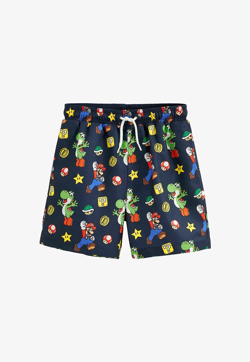 Marineblaue Shorts mit weißem Tunnelzug und bunten Super Mario-Figuren und Symbolen, darunter Mario, Yoshi, Sterne, Münzen und Pilze.