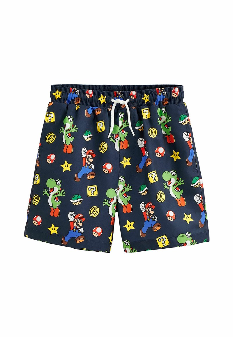 Marina badbyxor med färgglada Mario- och Yoshi-grafiker, samt stjärnor, svampar och frågeteckenblock. Lättviktsmaterial och elastisk midja.