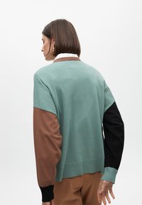 Svetr s mintově zeleným tělem, hnědými a černými rukávy, žebrovanými manžetami a spodním lemem; vyrobený z měkkého materiálu. Disponuje kulatým výstřihem.