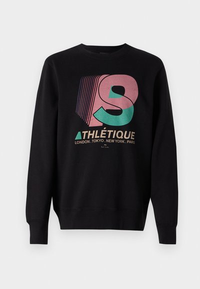 Hanorac negru cu manșete și tiv din tricot. Prezintă un grafic colorat care spune „ATHLÉTIQUE” și denumiri de orașe în alb dedesubt.