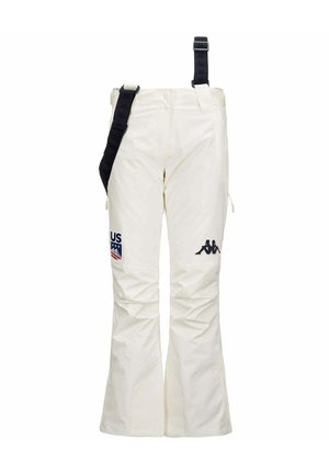 Pantaloni da sci bianchi con bretelle nere regolabili, tasche laterali con zip e logo Kappa. Presenta una toppa con la bandiera degli Stati Uniti e un design a stelle.