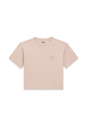 Hellrosa kurzärmeliges Crop-T-Shirt mit Rundhalsausschnitt und kleinem dreieckigem Logo auf der linken Brust.