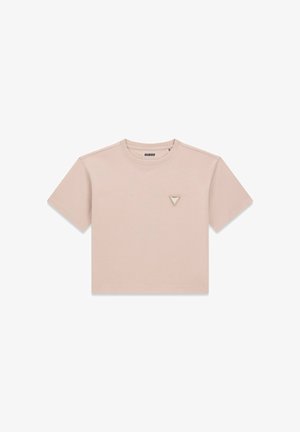 T-shirt court rose clair à manches courtes, col rond et petit logo triangulaire sur la poitrine gauche.
