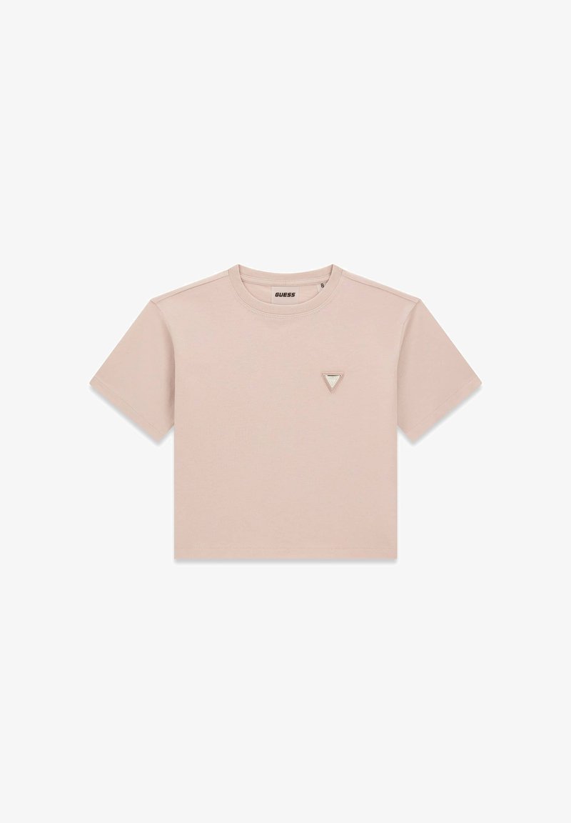 T-shirt court rose clair à manches courtes, col rond et petit logo triangulaire sur la poitrine gauche.