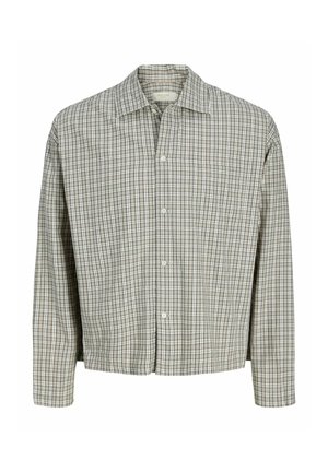 Chemise à boutons en tissu léger, arborant un motif vichy vert et beige, coupe droite et une poche poitrine.