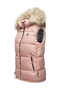 Pūkains rozā veste ar kažokādas oderi kapuci, sānu rāvējslēdzēja kabatām un iekšējo rakstainu audumu. Iezīmējas ar quilted tekstūru un melnajiem akcentiem.