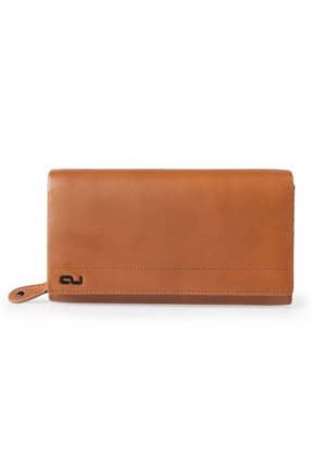 Brown leather wallet with smooth texture, rectangular shape, and stitched accents. Features a small logo and side loop for attachment.