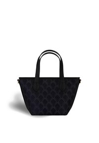 Borsa a tracolla nera con motivo intrecciato, doppi manici neri e forma strutturata, realizzata in materiale texturizzato e con accenti in metallo dorato.