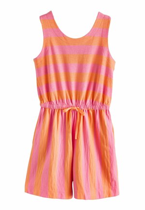 Ärmelloser Overall mit orange- und pinkfarbenen horizontalen Streifen am Oberteil und vertikalen Streifen an der Shorts, mit Kordelzug in der Taille.