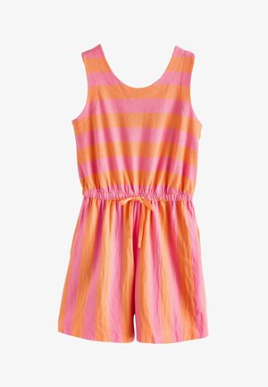 Mouwloze romper met oranje en roze horizontale strepen bovenaan en verticale strepen op de korte broek, met een trekkoord in de taille.