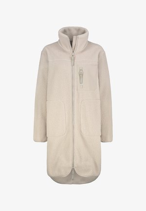 Beige Fleece-Mantel mit hohem Kragen, Frontreißverschluss, Seitentaschen und Brusttasche. Weicher Stoff und lässige, lange Passform.