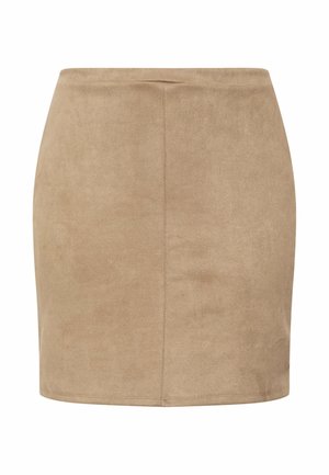 Tan faux suede mini-rok met een soepele textuur, rechte snit en een verborgen tailleband. Heeft stiksels langs het midden voor extra detail.