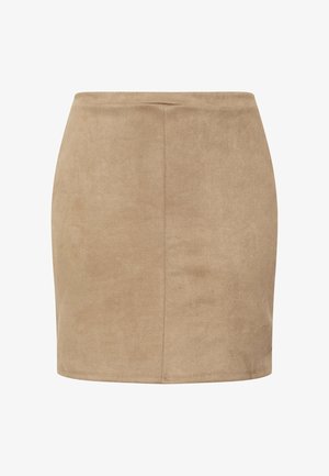 Beige Minirock aus Kunstwildleder mit glatter Textur, geradem Schnitt und verdecktem Bund. Verfügt über eine Naht entlang der Mitte für zusätzliche Details.