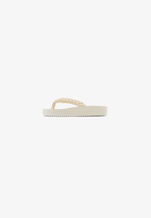 Beige Flip-Flop mit geflochtenem Riemen, flacher Sohle und strukturiertem Boden. Hergestellt aus strapazierfähigem synthetischem Material, mit einem minimalistischen Design.