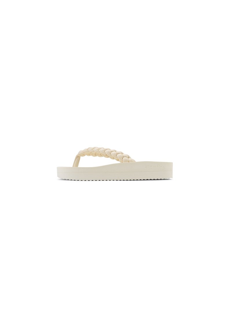 Beige Flip-Flop mit geflochtenem Riemen, flacher Sohle und strukturiertem Boden. Hergestellt aus strapazierfähigem synthetischem Material, mit einem minimalistischen Design.