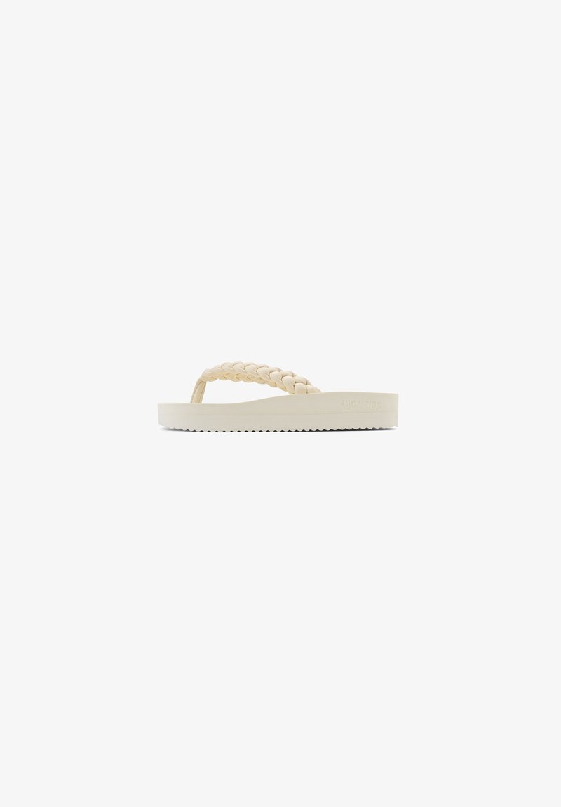 Beige Flip-Flop mit geflochtenem Riemen, flacher Sohle und strukturiertem Boden. Hergestellt aus strapazierfähigem synthetischem Material, mit einem minimalistischen Design.