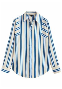 Camicia bianca a maniche lunghe con righe verticali blu, abbottonatura frontale, colletto a punta e polsini a righe.