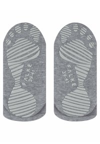 Calcetines de algodón gris con suela de goma gris y patrones, que presentan el nombre de la marca 'FALKE' y la talla '39-41' en relieve.