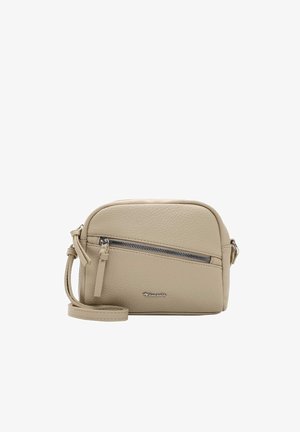 Sac en cuir beige à bandoulière avec une finition texturée, poche frontale zippée, bandoulière réglable et détail de logo discret à l'avant.