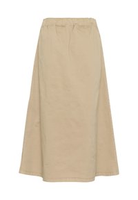 Beige pamut midi szoknya elasztikus derékkal, A-vonalú fazonnal és minimális varrással. Simább textúrájú, nincsenek látható minták vagy díszítések.