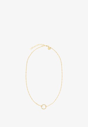 Collier doré doté d'une chaîne maillons avec un pendentif circulaire au centre, complété par un fermoir et une extension de chaîne ajustable.