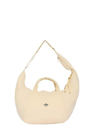 Beige Adidas skuldertaske med korte håndtag og justerbar rem, med en lille sort Adidas-logo på midten af fronten.