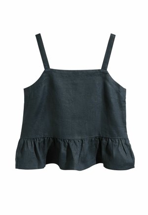 Zwarte mouwloze katoenen top met dunne bandjes en een gerimpelde zoom aan de onderkant.