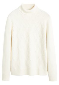 Cremfarbener Rollkragenpullover mit strukturiertem Diamantmuster, gerippten Bündchen und Saum sowie einem weichen Strickstoff.