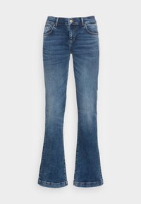 Jean en denim bleu avec légère décoloration, poches avant, fermeture à bouton et zip, et jambes évasées.